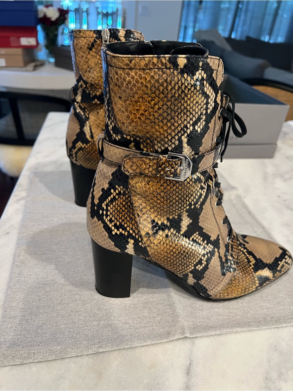 Aquatalia Snake-Print Ankle Boots in Tan and Black